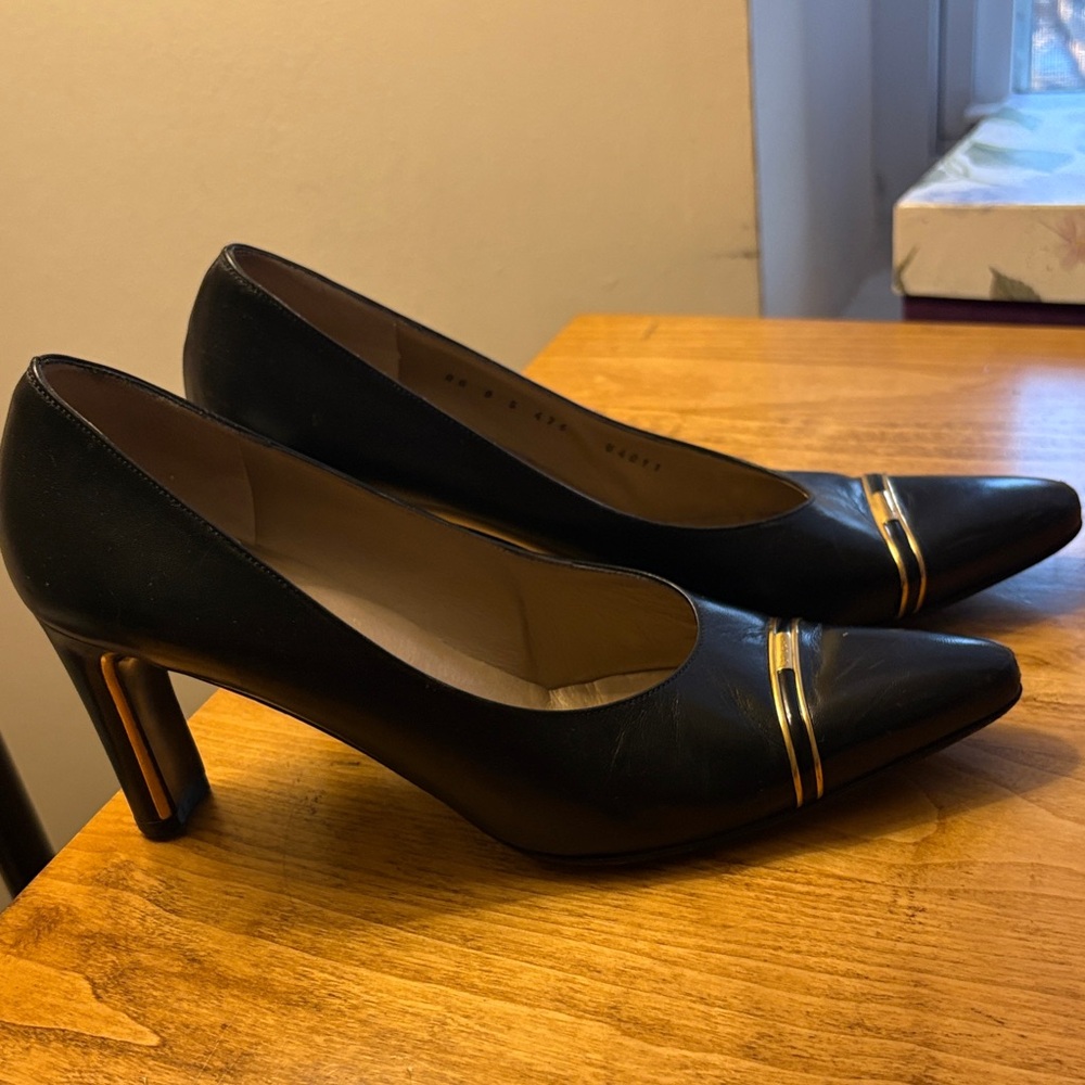 St. John Black Heels with Gold Stripes